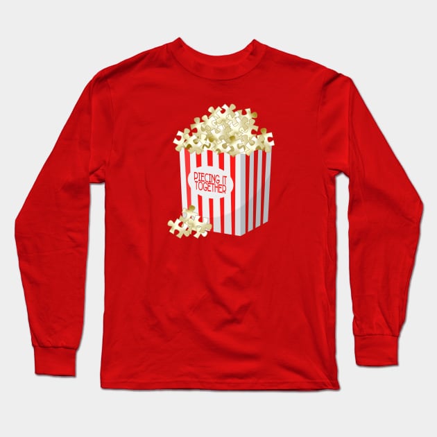 Popcorn & Puzzle Pieces (Angle View) Long Sleeve T-Shirt by Piecing It Together